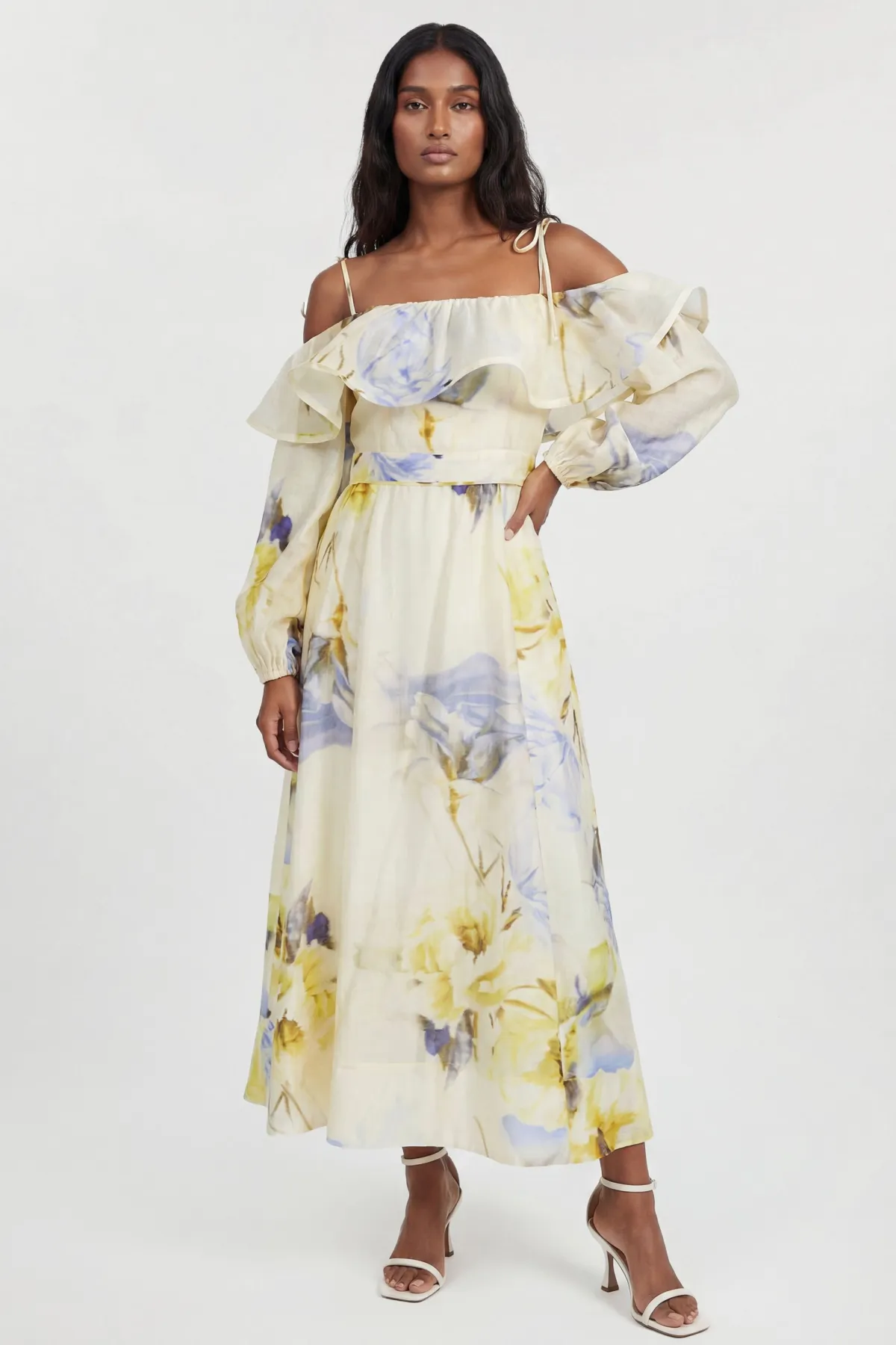 KarenMillen Robe Longue Tissée À Fleurs Bleues Froncée À Épaules Dénudées<Femme Toutes Les Robes|Robes Longues