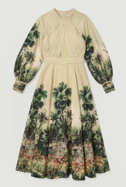 Robe Longue Tissée À Imprimé Botanique Et Manches Ballon