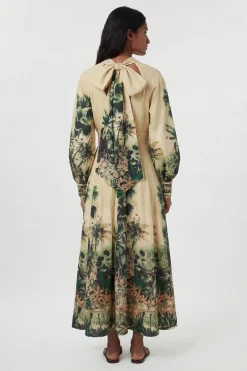 Robe Longue Tissée À Imprimé Botanique Et Manches Ballon