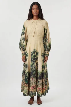 Robe Longue Tissée À Imprimé Botanique Et Manches Ballon