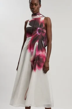 Robe Longue Tissée À Imprimé Floral Photographique Avec Détail Foulard En Organza