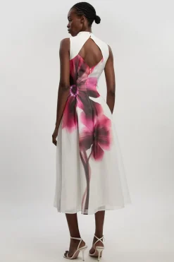 Robe Longue Tissée À Imprimé Floral Photographique Avec Détail Foulard En Organza