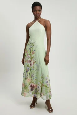 Robe Longue Tissée À Imprimé Floral En Mousseline Avec Encolure Dos-nu