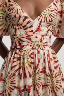 Robe Longue Tissée À Manches Bouffantes En Soie Coton Imprimé Carreaux