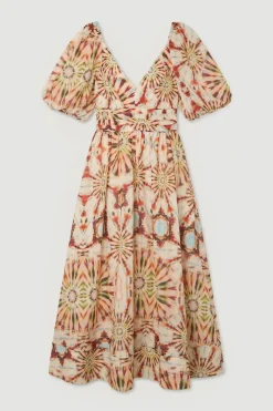Robe Longue Tissée À Manches Bouffantes En Soie Coton Imprimé Carreaux