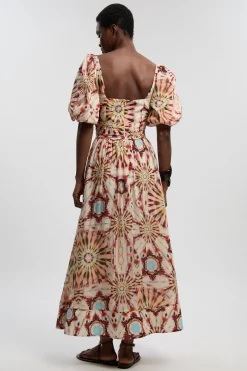 Robe Longue Tissée À Manches Bouffantes En Soie Coton Imprimé Carreaux