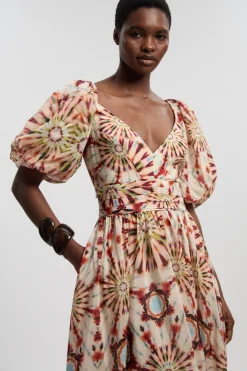 Robe Longue Tissée À Manches Bouffantes En Soie Coton Imprimé Carreaux
