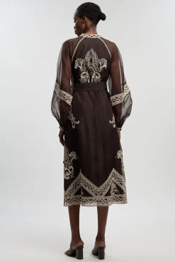 Robe Longue Tissée à Manches Bouffantes en Organdi Brodé