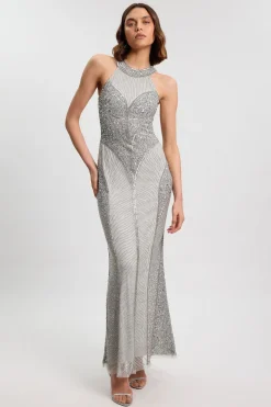 Robe Longue Tissée Petite À Encolure Américaine Ornée De Cristaux