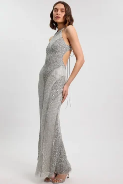 Robe Longue Tissée Petite À Encolure Américaine Ornée De Cristaux