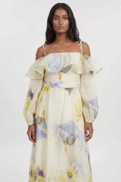 Robe Longue Tissée À Smocks Et Épaules Dénudées À Imprimé Fleuri Bleu Petite