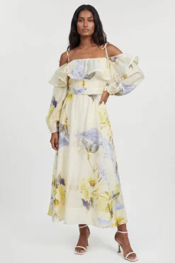 Robe Longue Tissée À Smocks Et Épaules Dénudées À Imprimé Fleuri Bleu Petite