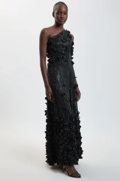 Robe Longue Tissée à Une Épaule avec Appliqués Floraux
