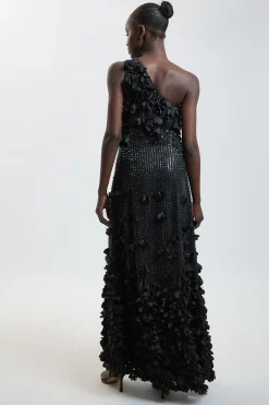 Robe Longue Tissée à Une Épaule avec Appliqués Floraux