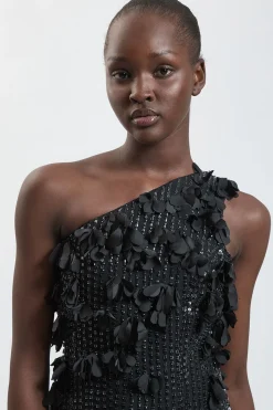 Robe Longue Tissée à Une Épaule avec Appliqués Floraux