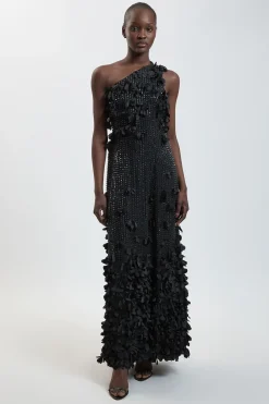 Robe Longue Tissée à Une Épaule avec Appliqués Floraux