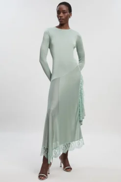 KarenMillen Robe Longue Tricotée Asymétrique en Mélange Viscose Moulante Transparente avec Détails en Dentelle<Femme Pulls Et Gilets|Toutes Les Mailles