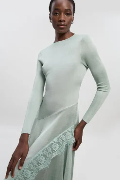 KarenMillen Robe Longue Tricotée Asymétrique en Mélange Viscose Moulante Transparente avec Détails en Dentelle<Femme Pulls Et Gilets|Toutes Les Mailles
