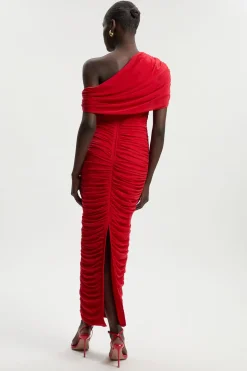 Robe Longue Tricotée à Col Asymétrique avec Détails Mesh et Bandage