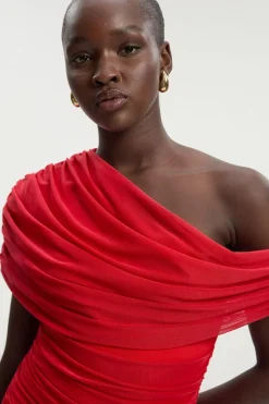 Robe Longue Tricotée à Col Asymétrique avec Détails Mesh et Bandage