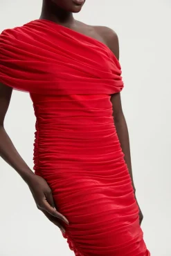 Robe Longue Tricotée à Col Asymétrique avec Détails Mesh et Bandage