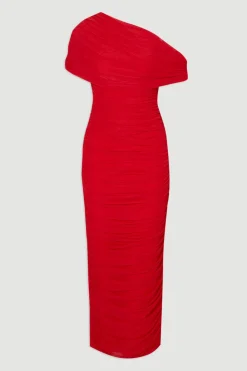 Robe Longue Tricotée à Col Asymétrique avec Détails Mesh et Bandage