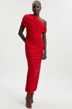 Robe Longue Tricotée à Col Asymétrique avec Détails Mesh et Bandage