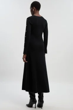 Robe Longue Tricotée à Détail Trou de Serrure Clouté en Mélange Viscose Petite Taille