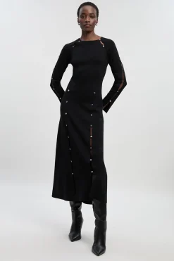 Robe Longue Tricotée à Détail Trou de Serrure Clouté en Mélange Viscose Petite Taille