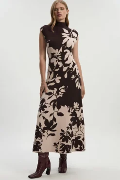 Robe Longue Tricotée à Motif Floral Jacquard