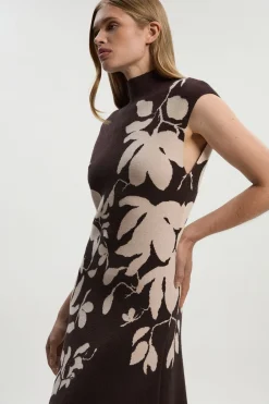 Robe Longue Tricotée à Motif Floral Jacquard