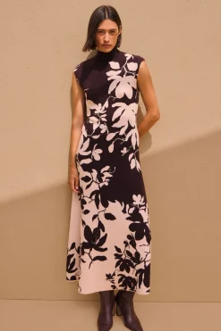 Robe Longue Tricotée à Motif Floral Jacquard