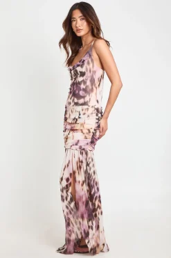 boohoo Robe Longue Évasée En Mesh À Imprimé Léopard Flou Avec Détail Dos Croisé<Femme Robes|Imprimé Léopard