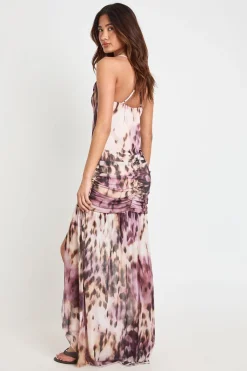 boohoo Robe Longue Évasée En Mesh À Imprimé Léopard Flou Avec Détail Dos Croisé<Femme Robes|Imprimé Léopard