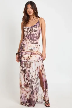 boohoo Robe Longue Évasée En Mesh À Imprimé Léopard Flou Avec Détail Dos Croisé<Femme Robes|Imprimé Léopard