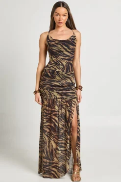 boohoo Robe Longue Évasée En Mesh Imprimé Zèbre Avec Détail Dos Croisé<Femme Robes|Robes De Jour