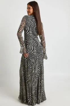 Robe Longue Évasée en Mousseline à Volants Motif Zèbre