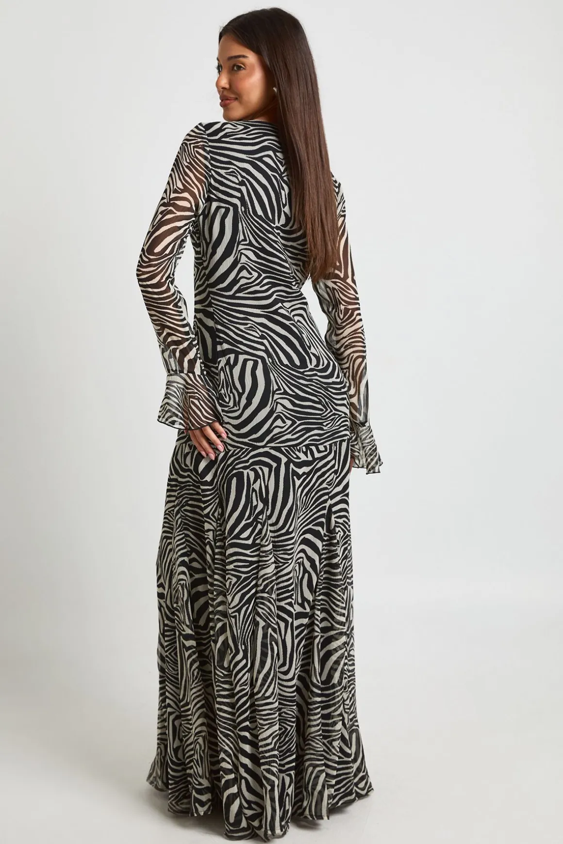 Robe Longue Évasée en Mousseline à Volants Motif Zèbre