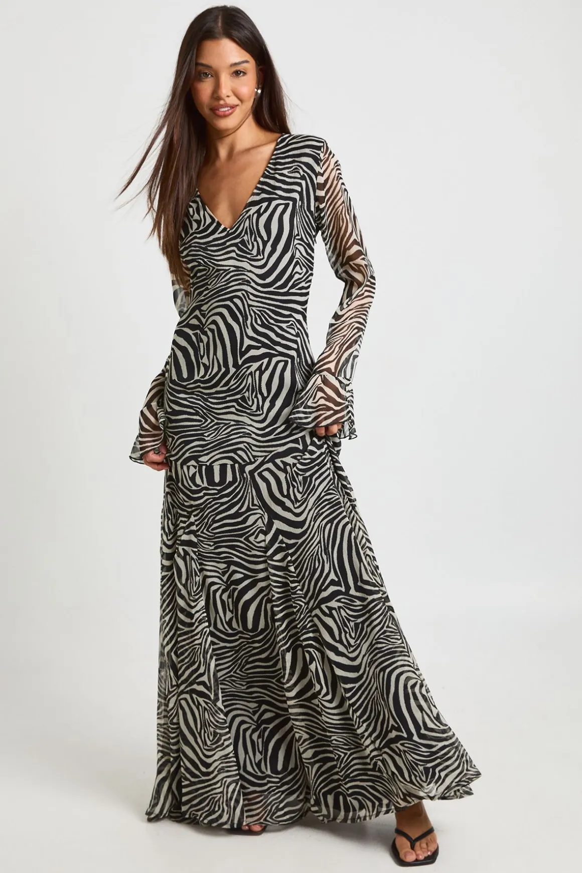 Robe Longue Évasée en Mousseline à Volants Motif Zèbre