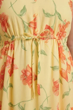 Robe Longue Évasée À Imprimé Floral Sans Manches Avec Taille À Cordon Coulissant Et Volants Étagés