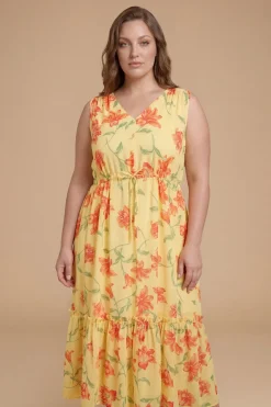 Robe Longue Évasée À Imprimé Floral Sans Manches Avec Taille À Cordon Coulissant Et Volants Étagés