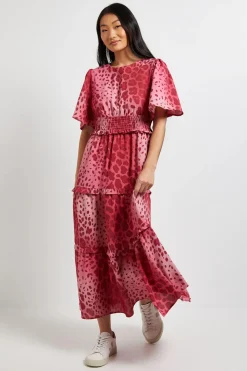 Robe Longue Évasée À Taille Froncée Et Manches Papillon Imprimé Animal Rose Petite