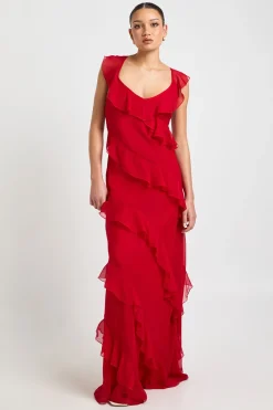 boohoo Robe Longue Évasée à Volants en Mousseline avec Bretelles<Femme Toutes Les Robes|Robes Longues