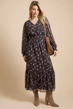 Robe Longue Évasée À Volants En Mousseline Imprimée Florale Chocolat Avec Manches Bouffantes Et Devant Cache-cœur