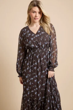 Robe Longue Évasée À Volants En Mousseline Imprimée Florale Chocolat Avec Manches Bouffantes Et Devant Cache-cœur