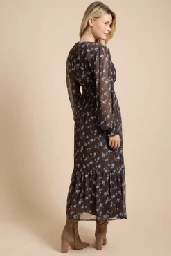 Robe Longue Évasée À Volants En Mousseline Imprimée Florale Chocolat Avec Manches Bouffantes Et Devant Cache-cœur
