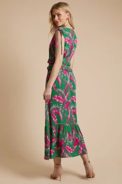 Robe Longue Verte À Imprimé Palmier Avec Détail Ceinture Nouée Et Volant À La Taille