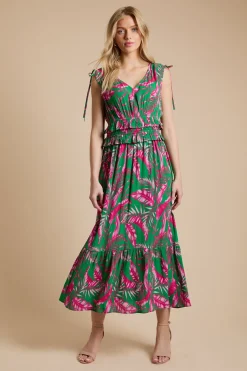 Robe Longue Verte À Imprimé Palmier Avec Détail Ceinture Nouée Et Volant À La Taille