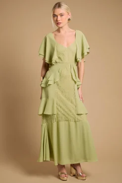 Robe Longue À Volants Avec Empiècement En Dentelle
