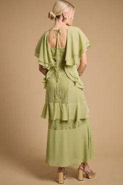 Robe Longue À Volants Avec Empiècement En Dentelle